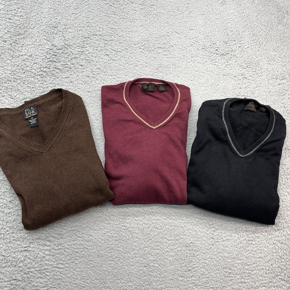 Lot of 3 Jos A Bank Cotton Cashmere Sweater Mens 2XL V-Neck Burgundy Brown Black